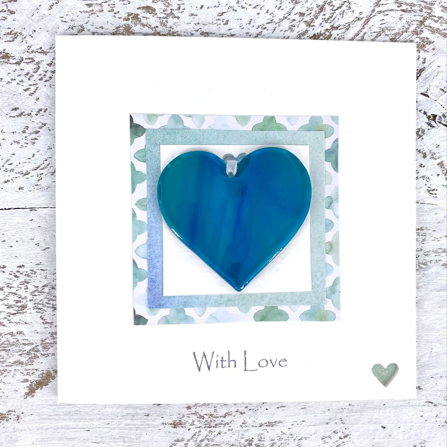 With Love Card with Detachable Jade & Blue Glass Heart 