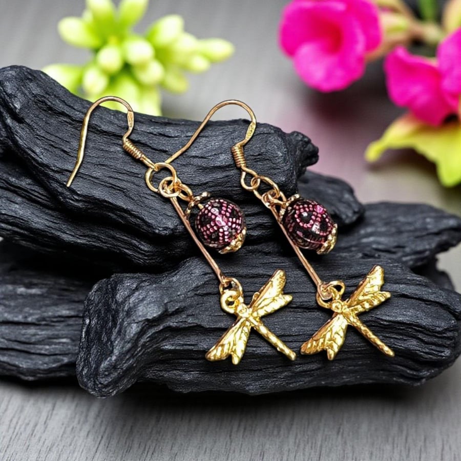 Golden dragonfly earrings, dragonfly gifts