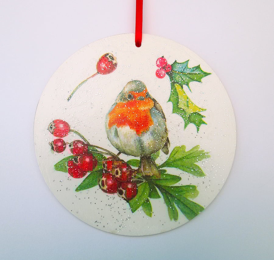Christmas robin  and berries wood decoupage hanging decoration