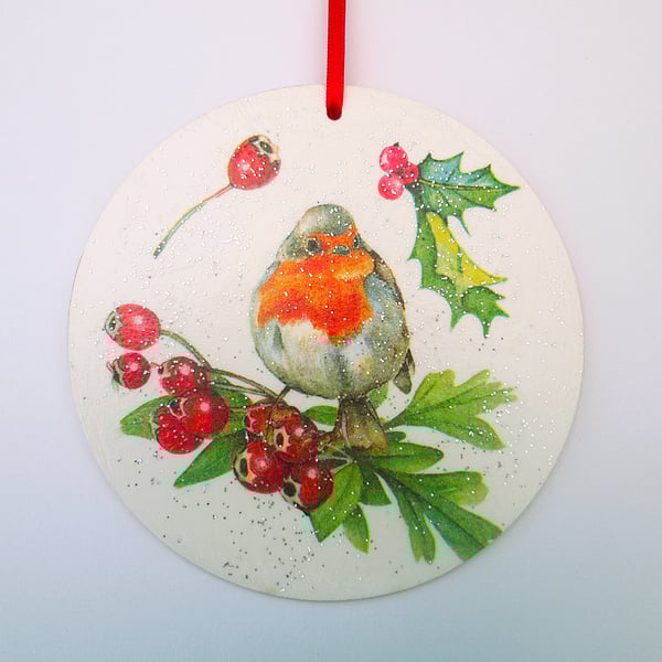 Christmas robin  and berries wood decoupage hanging decoration