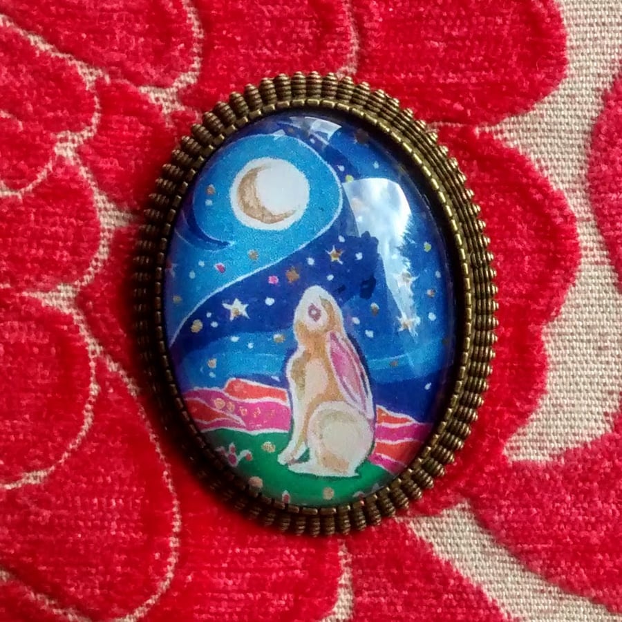 Moon Gazing Hare, Antique Bronze Brooch