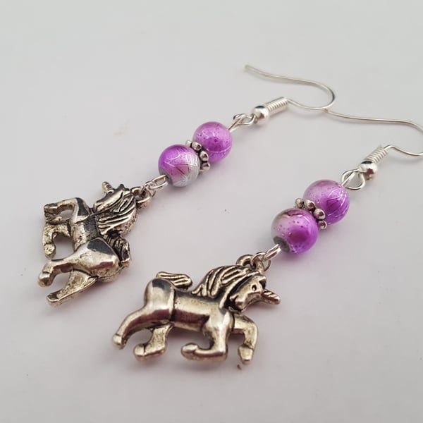 Pink and silver unicorn earrings