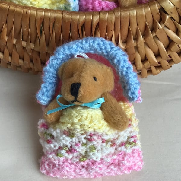 Teddy,Sleeping bag,Miniature teddy,Miniature, Pink sleeping bag,10 cm total,Toy