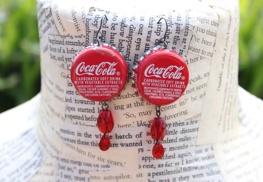 SALE Upcycled Repurposed Red Coca-Cola Bottle Top Dangle Hook Silver Earrings