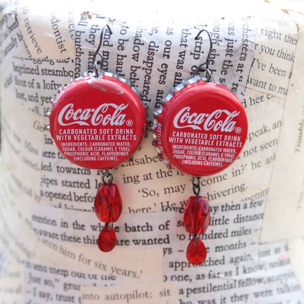 SALE Upcycled Repurposed Red Coca-Cola Bottle Top Dangle Hook Silver Earrings