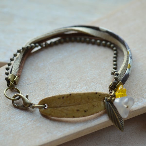 Mustard Ceramic Leaf Bracelet with Flowers, Chain and Ribbon