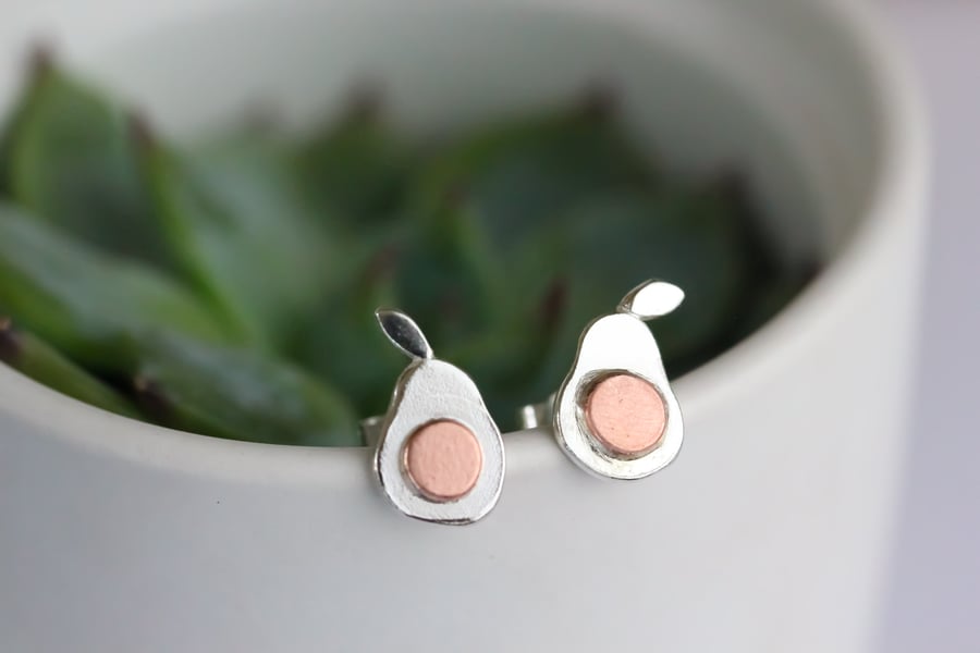 Sterling silver and copper avocado stud earrings 