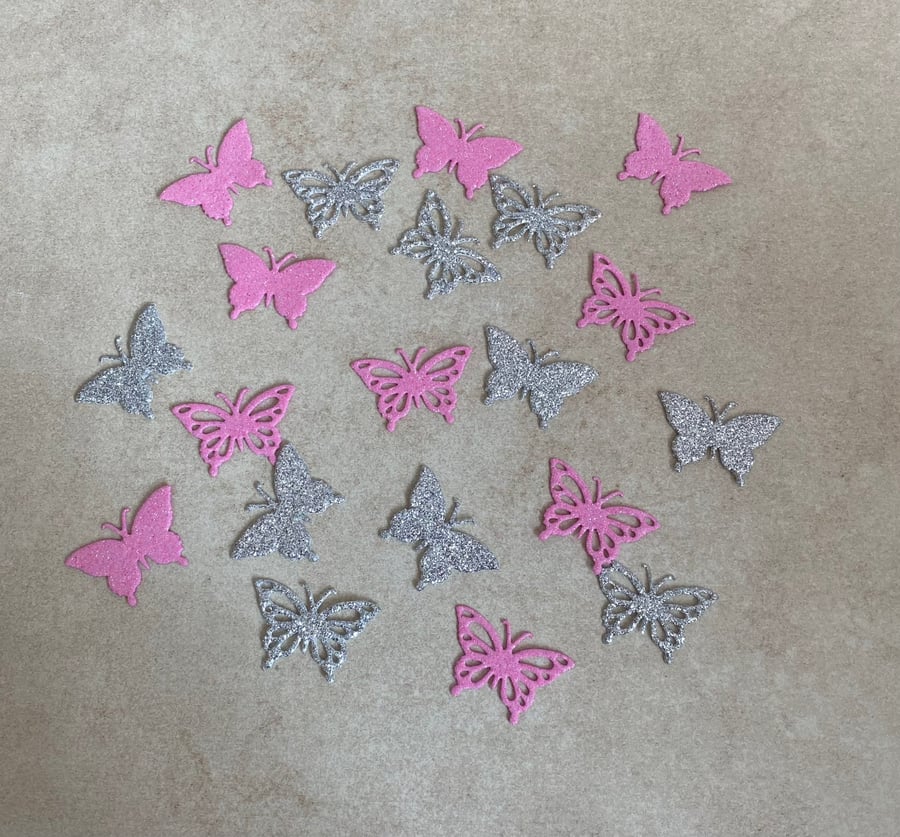 20 Glitter Foam Butterfly Embellishments Silver & Pink
