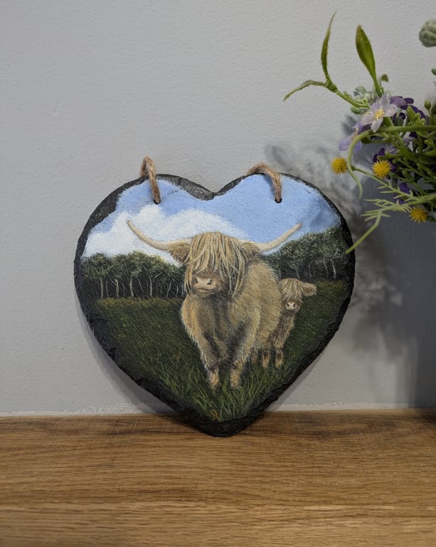 Scottish Highland Cow And Calf Painting On Hanging Slate Heart