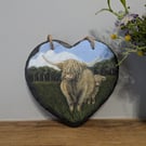 Scottish Highland Cow And Calf Painting On Hanging Slate Heart