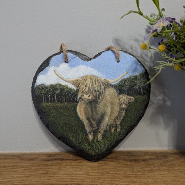 Scottish Highland Cow And Calf Painting On Hanging Slate Heart