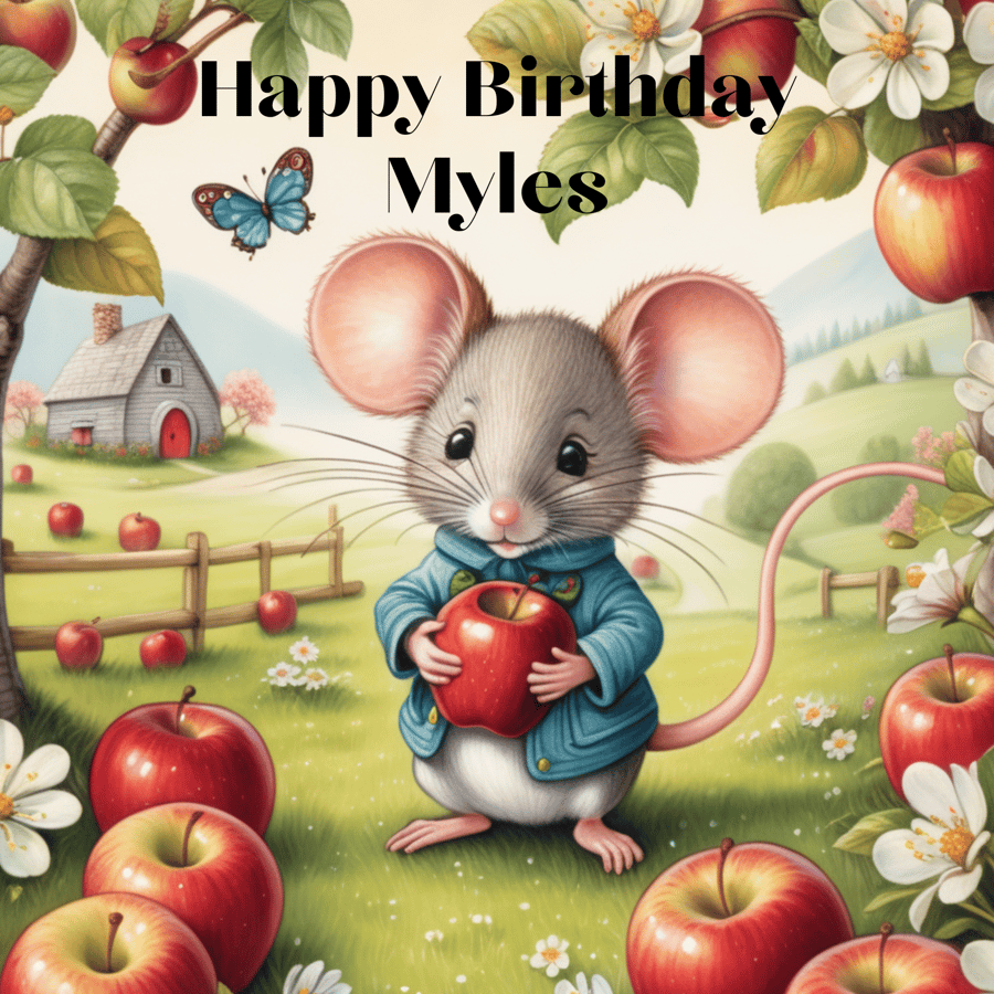 Personalised Birthday Card Happy Whimsical Mouse in an Apple Orchard 