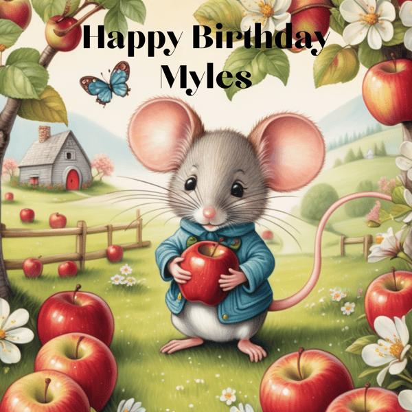Personalised Birthday Card Happy Whimsical Mouse in an Apple Orchard 