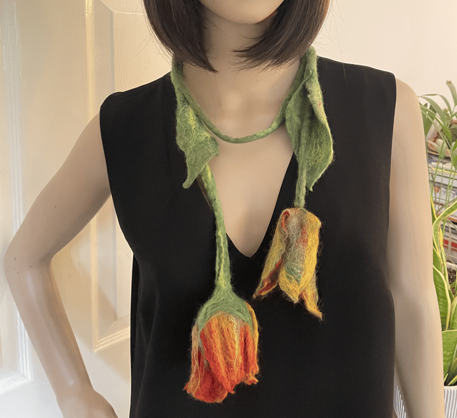 Hand Felted unique wool necklace with Red and yellow tulips, Woolen flower scarf