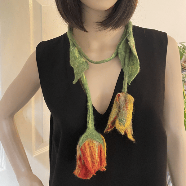 Hand Felted unique wool necklace with Red and yellow tulips, Woolen flower scarf