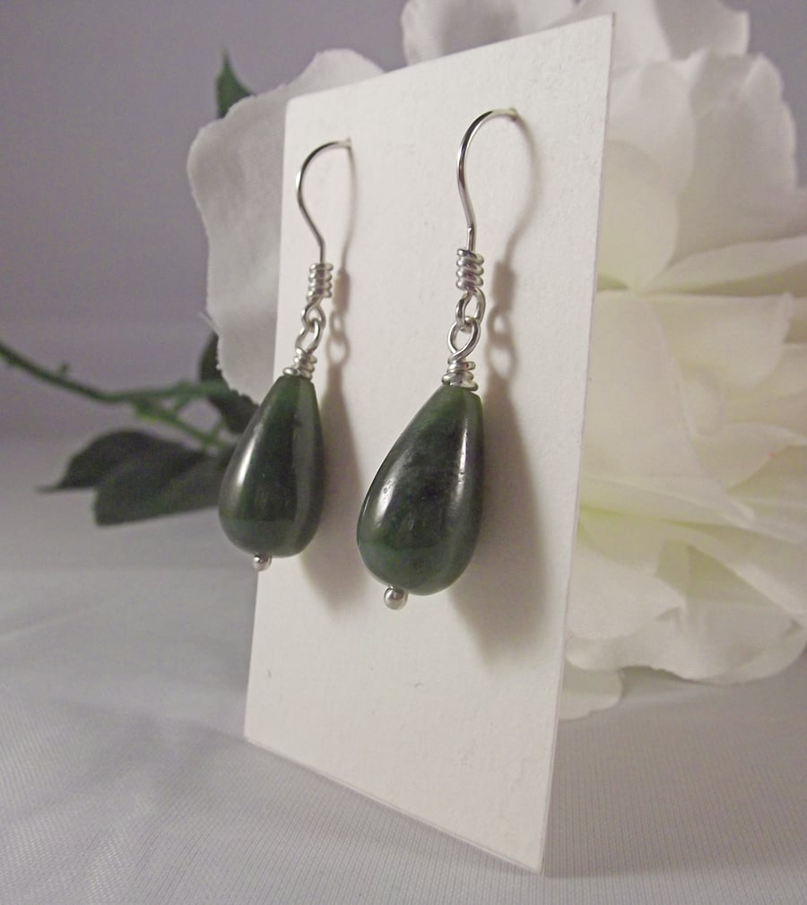 Green jade earrings tear drop heart chakra growth balance prosperity