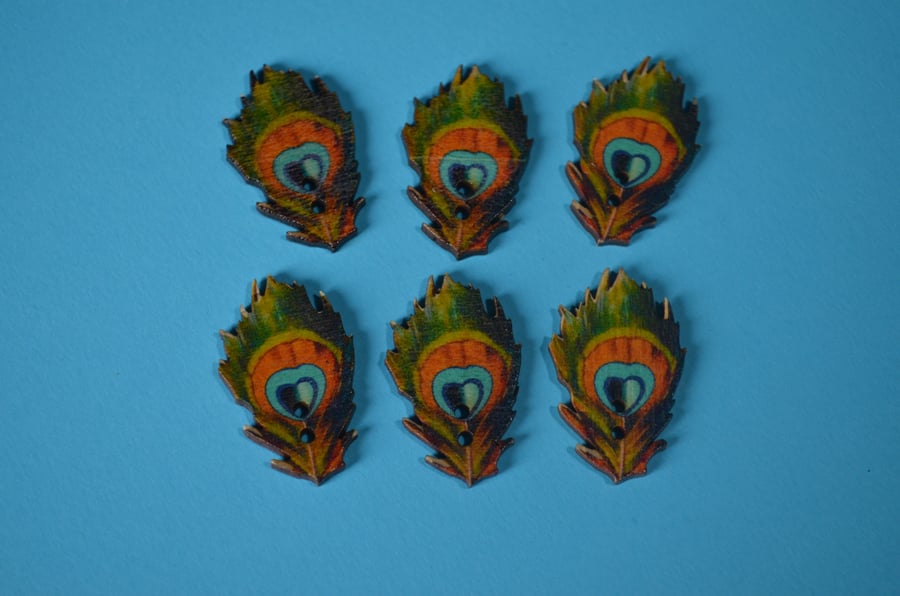Wooden Peacock Feather Buttons 6pk 35x22mm Bird (F2)