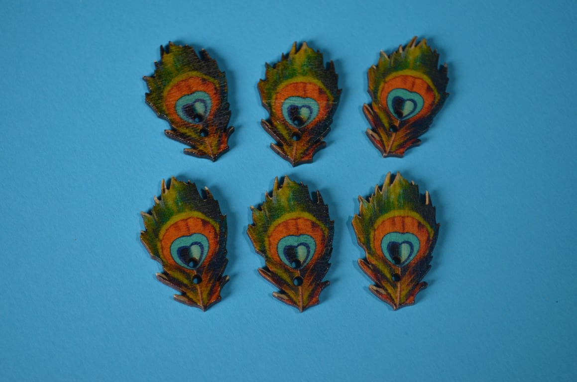 Wooden Peacock Feather Buttons 6pk 35x22mm Bird (F2)