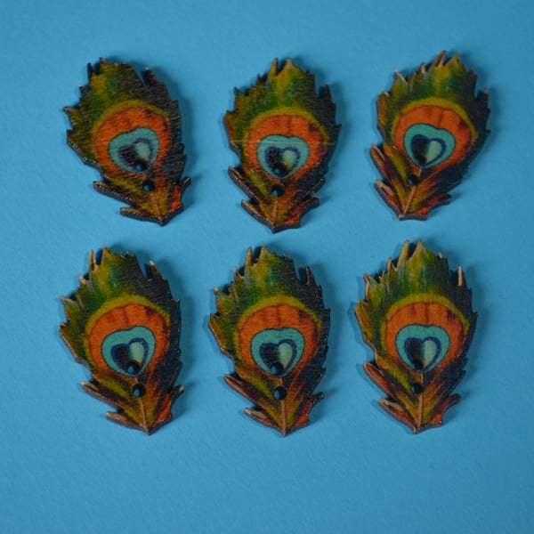 Wooden Peacock Feather Buttons 6pk 35x22mm Bird (F2)