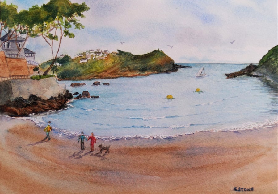 Original watercolour painting of Readymoney Cove, Fowey, Cornwall.