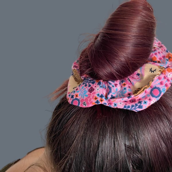 Pink floral hedgehog scrunchie. Floral scrunchie.
