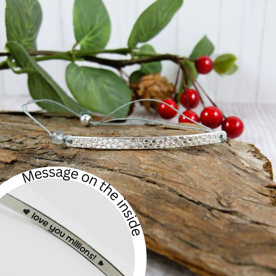 Sterling Silver Slim Bar Bracelet. Engraved Love you Millions on Waxed Cotton
