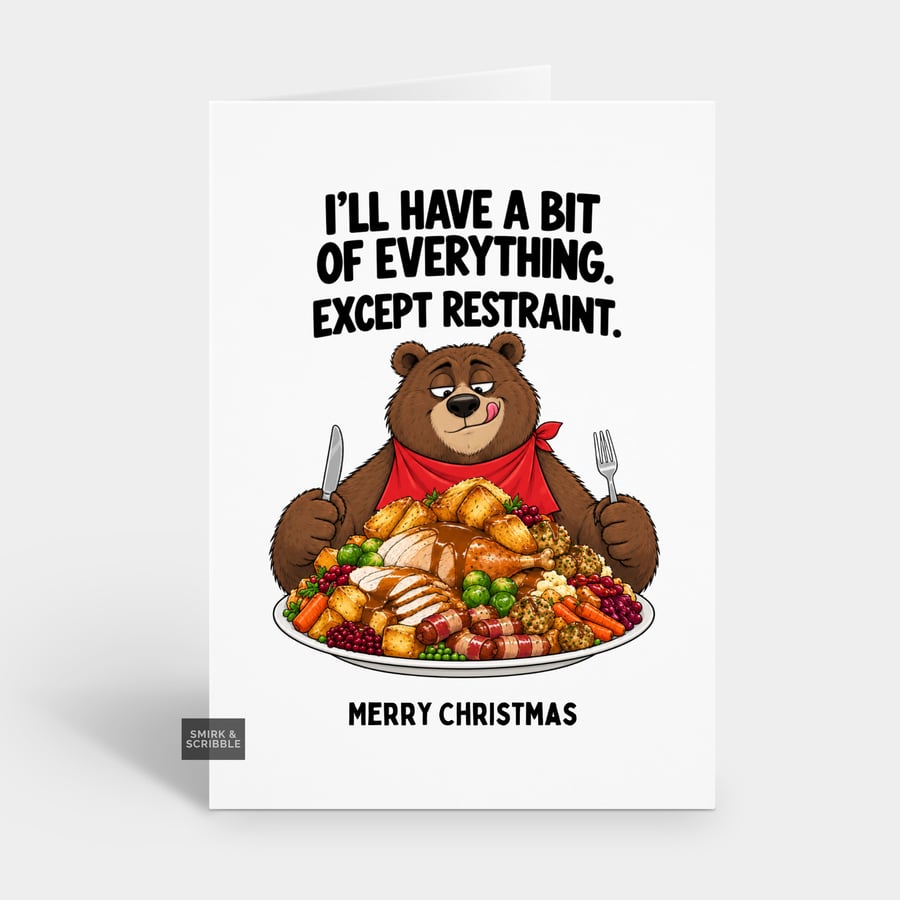 Image of Funny Christmas Card For Him Or Her - Bear With Dinner