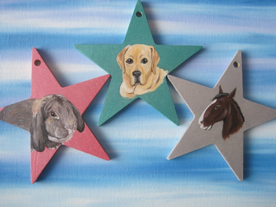 3x Miniature Pet Portrait on Wooden Hanging Star Decoration