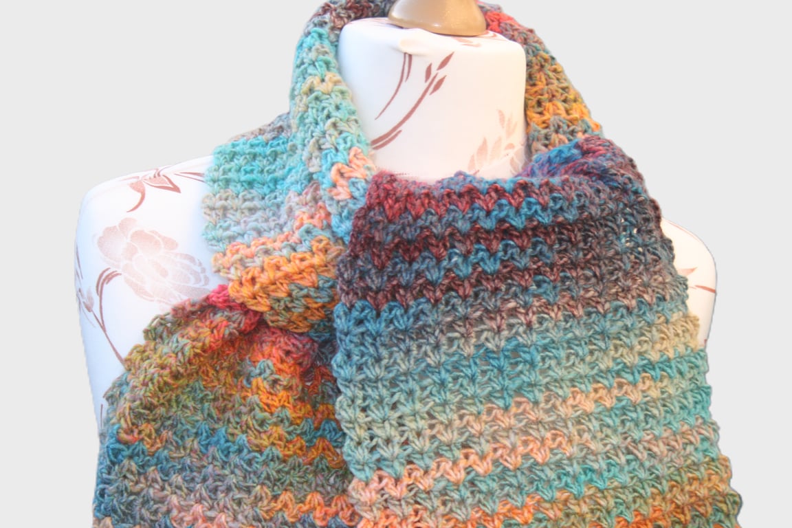 Colourful Variegated Crocheted Scarf- Happy Scarf