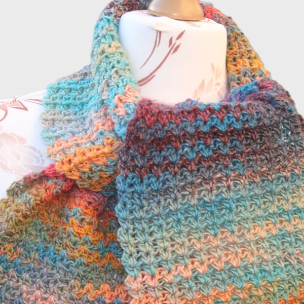 Colourful Variegated Crocheted Scarf- Happy Scarf
