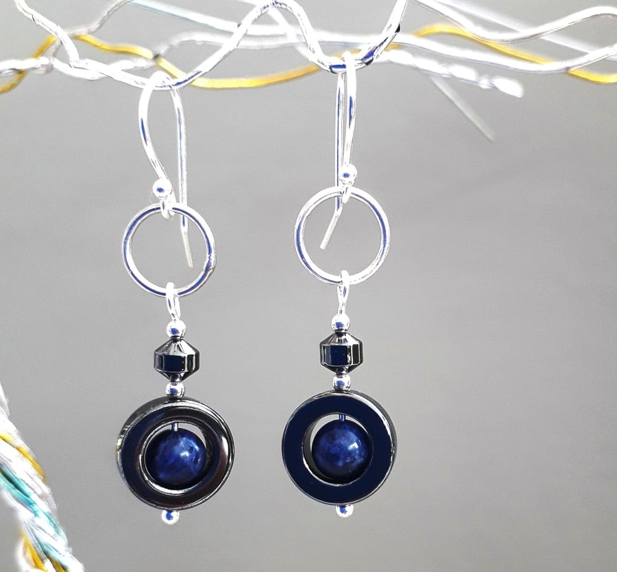 Blue Sodalite Black Hematite Earrings Sterling Silver Drop