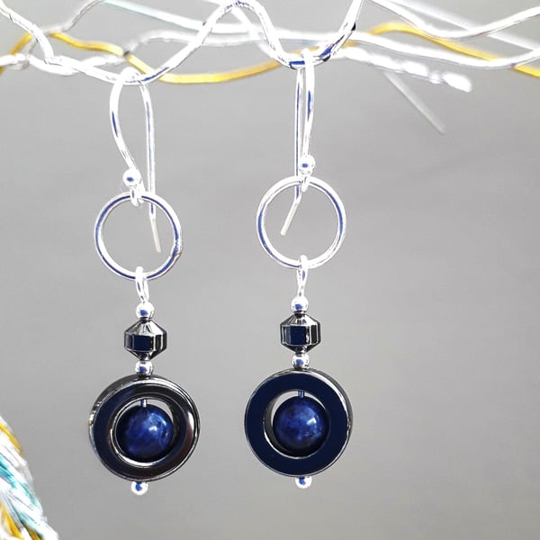 Blue Sodalite Black Hematite Earrings Sterling Silver Drop