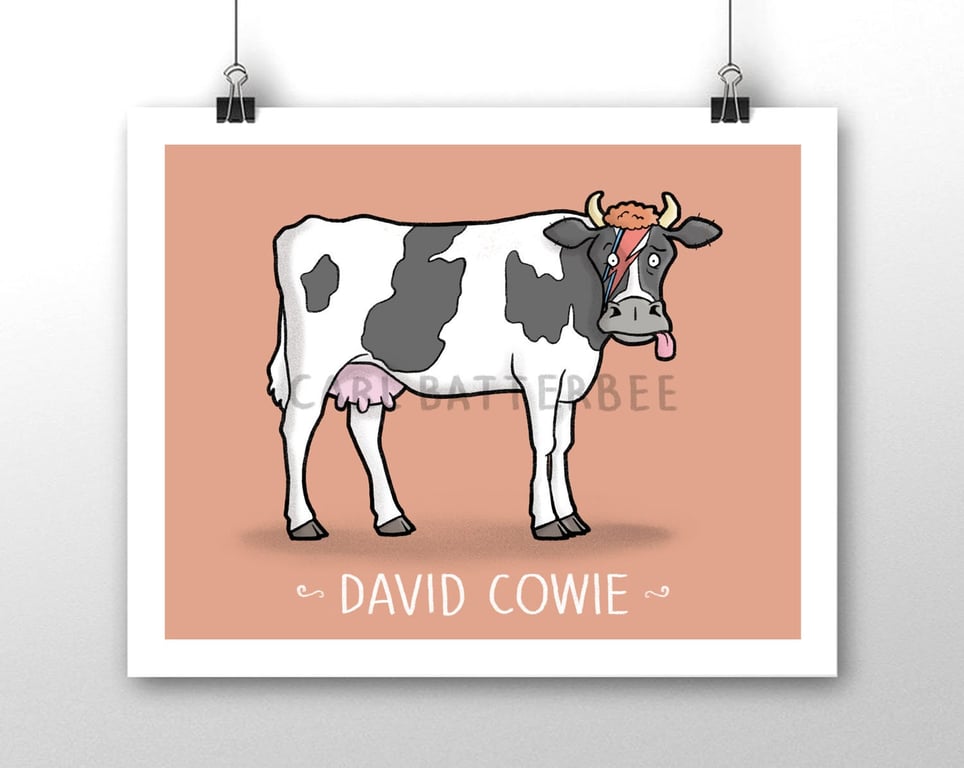 David Bowie Cow Pun Signed Cartoon Illustration Art Print