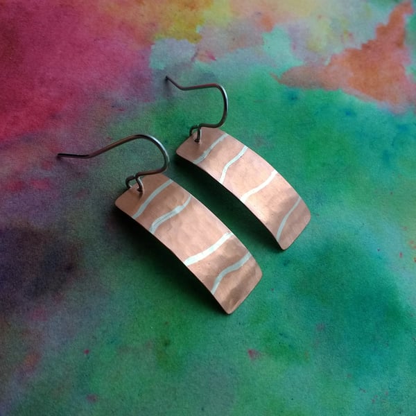 Inlaid Long Statement Earrings, Copper & Silver