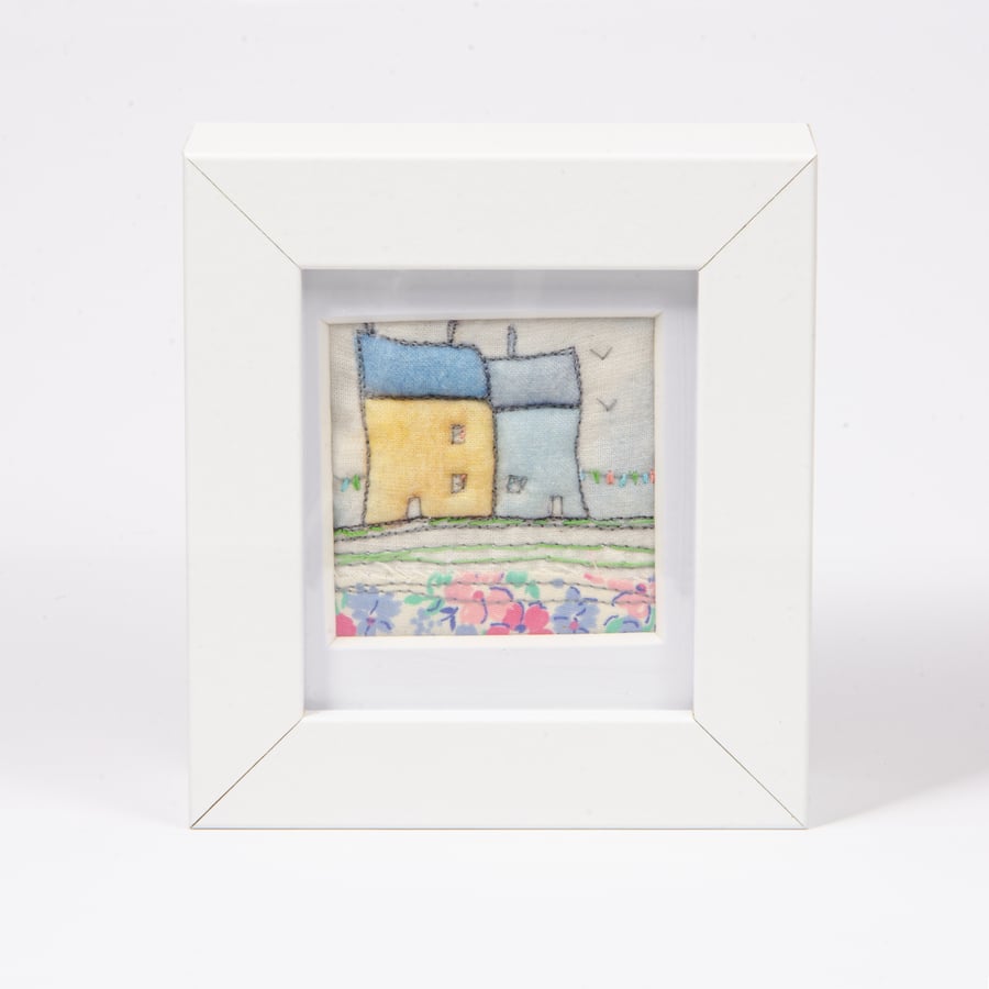 Little houses with flowers fabric picture, textile art, gift