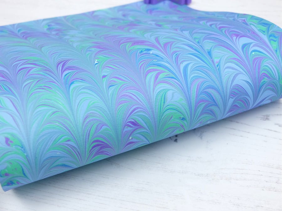 Marbled paper sheet purple and green palm fern pattern 