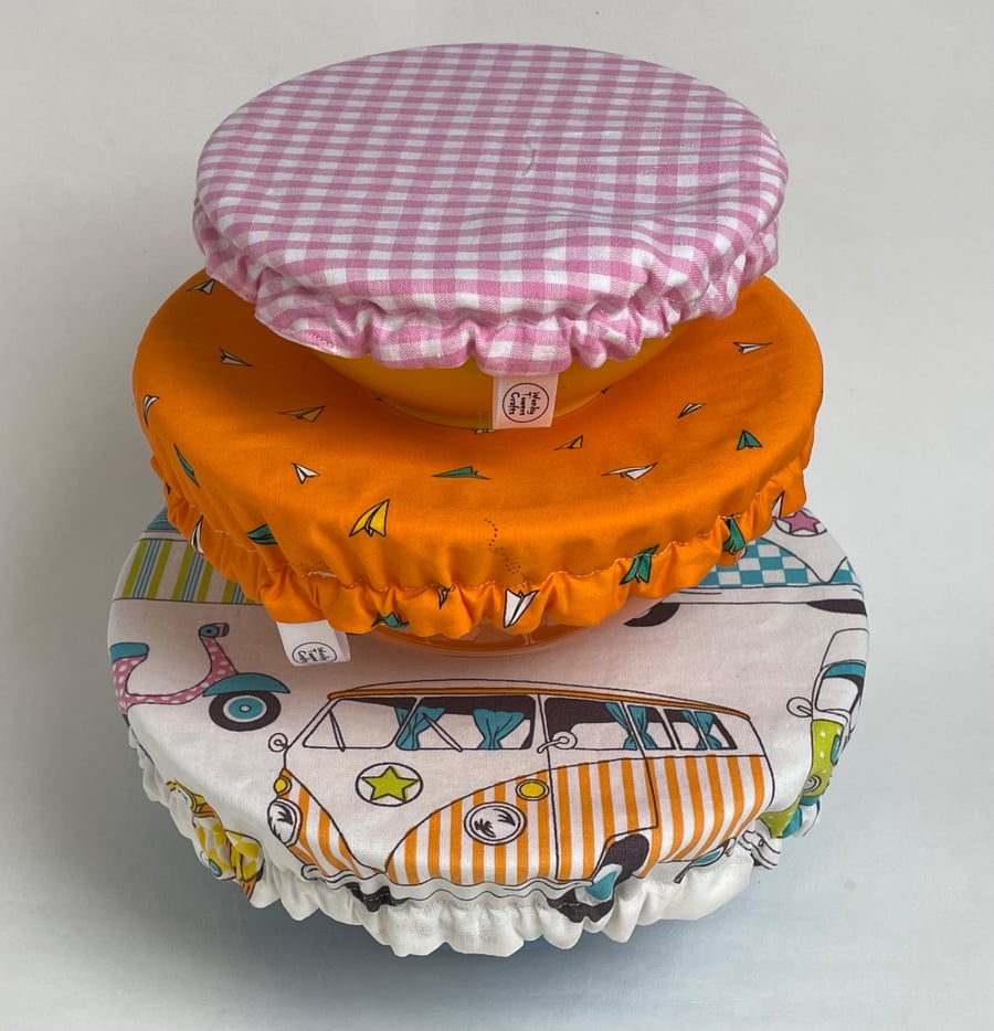 Reusable bowl covers - set of three. Camper vans, and checks