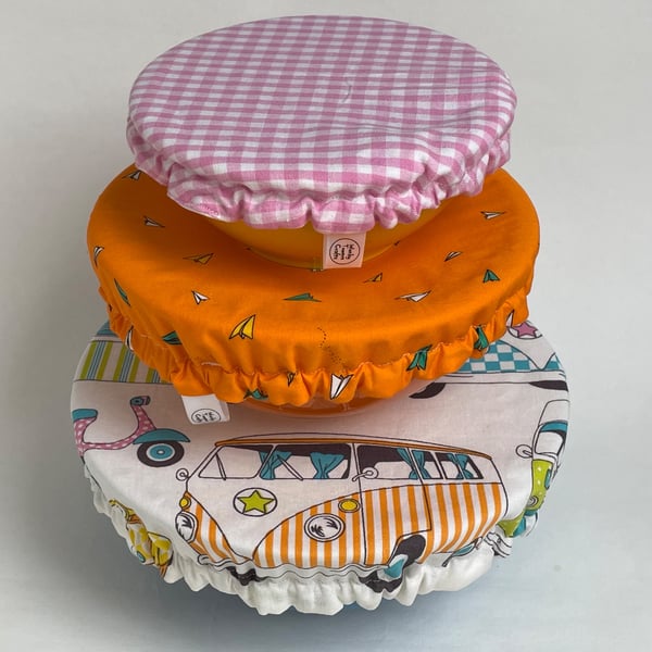 Reusable bowl covers - set of three. Camper vans, and checks