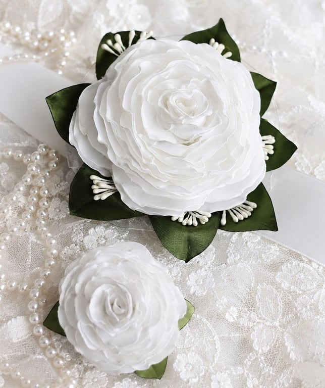 Handmade Satin Wedding Corsage and Boutonniere Set