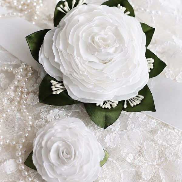 Handmade Satin Wedding Corsage and Boutonniere Set