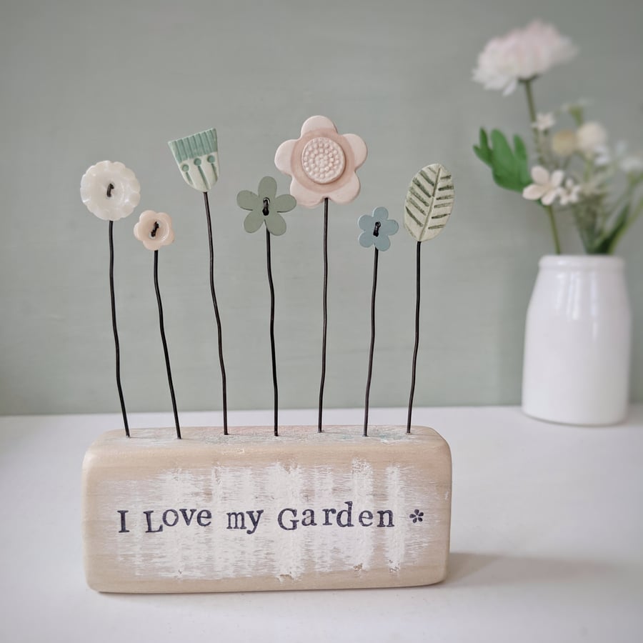 Clay and Button Flower Garden in a Wood Block 'I Love my Garden'