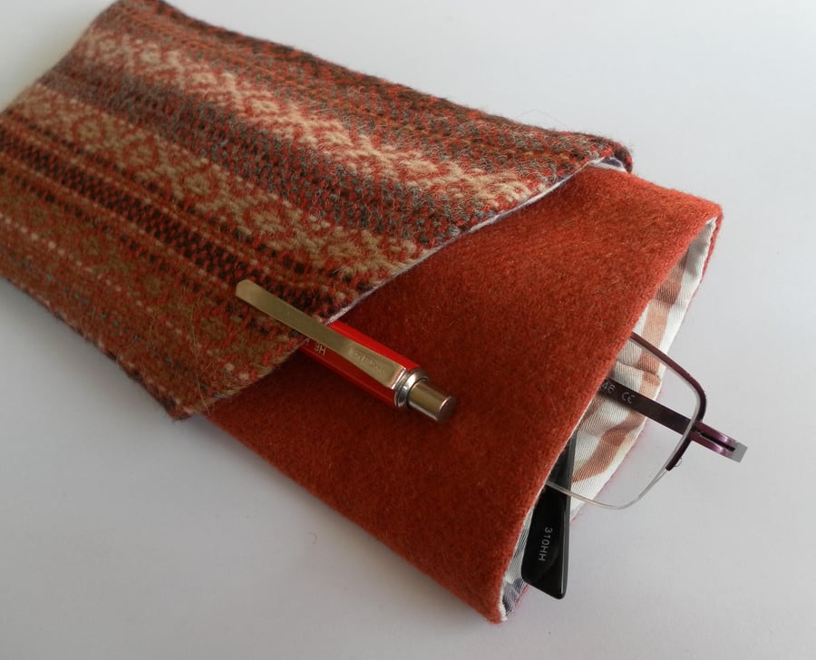 Glasses and pencil case, red-brown with wrap around pocket