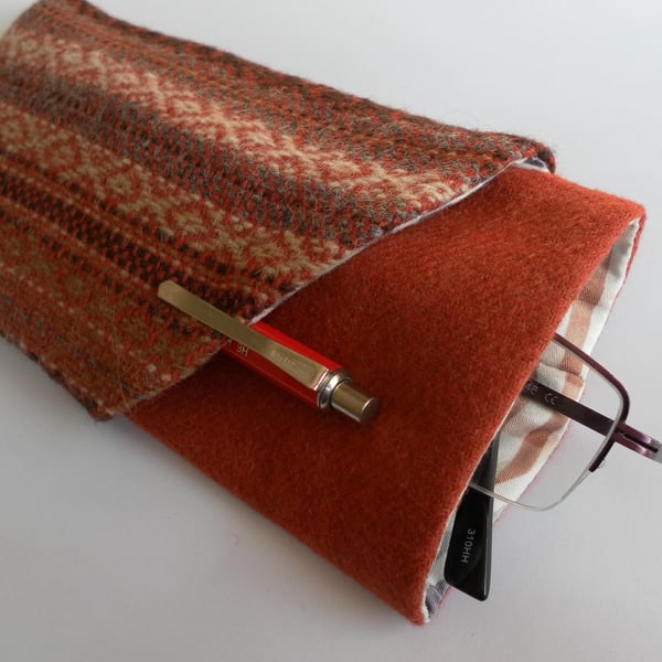 Glasses and pencil case, red-brown with wrap around pocket