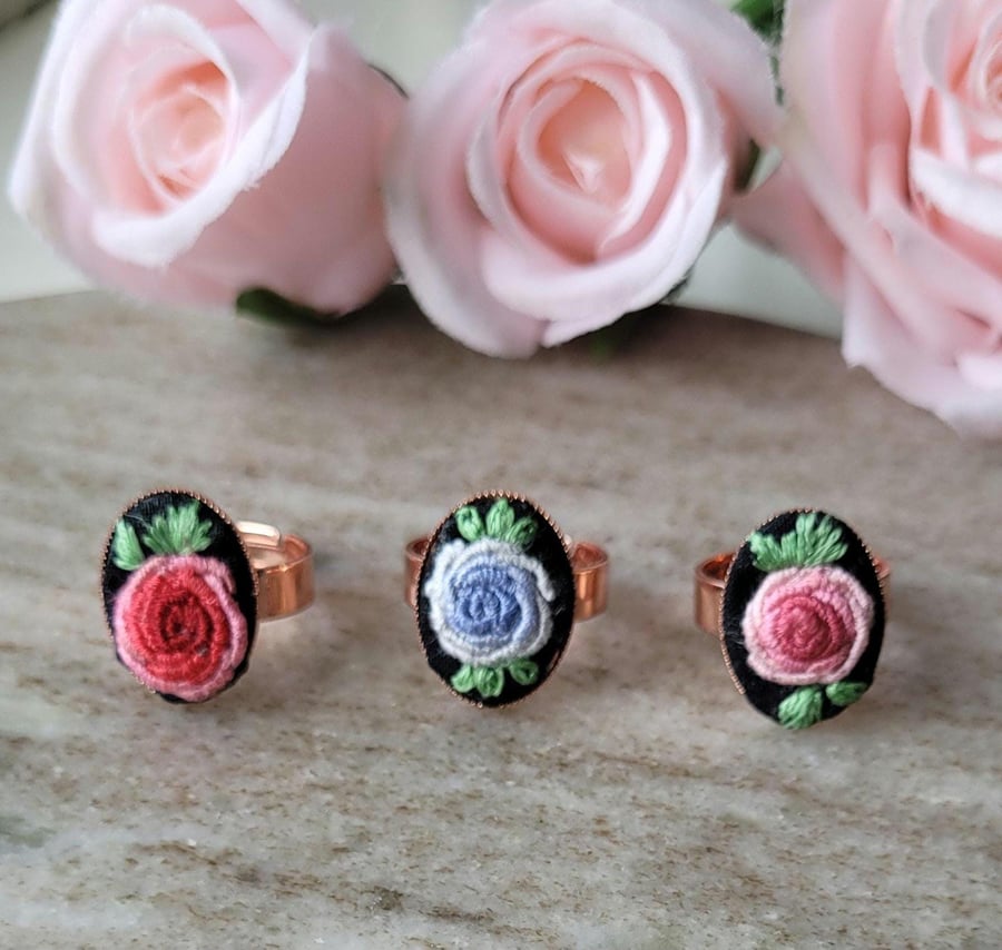 roses adjustable ring, hand embroidered,  valentine, anniversary gift, Unique