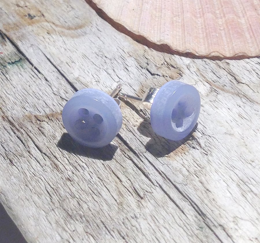 Blue Hand Dyed Button and Sterling Silver Stud Earrings - UK Free Post