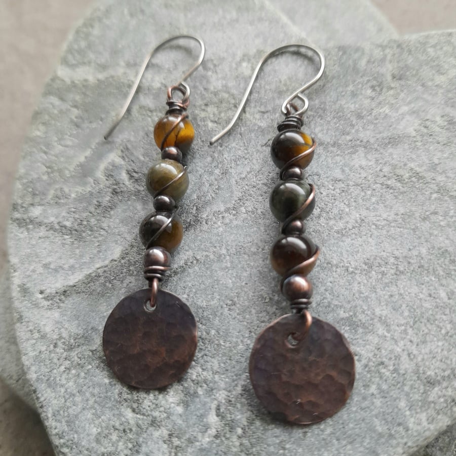 Copper Tigers Eye Earrings Niobium Ear Wires  