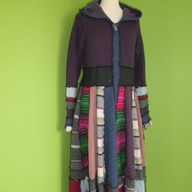 Upcycled Full Length Sweater Coat with Hood and Waist Ties