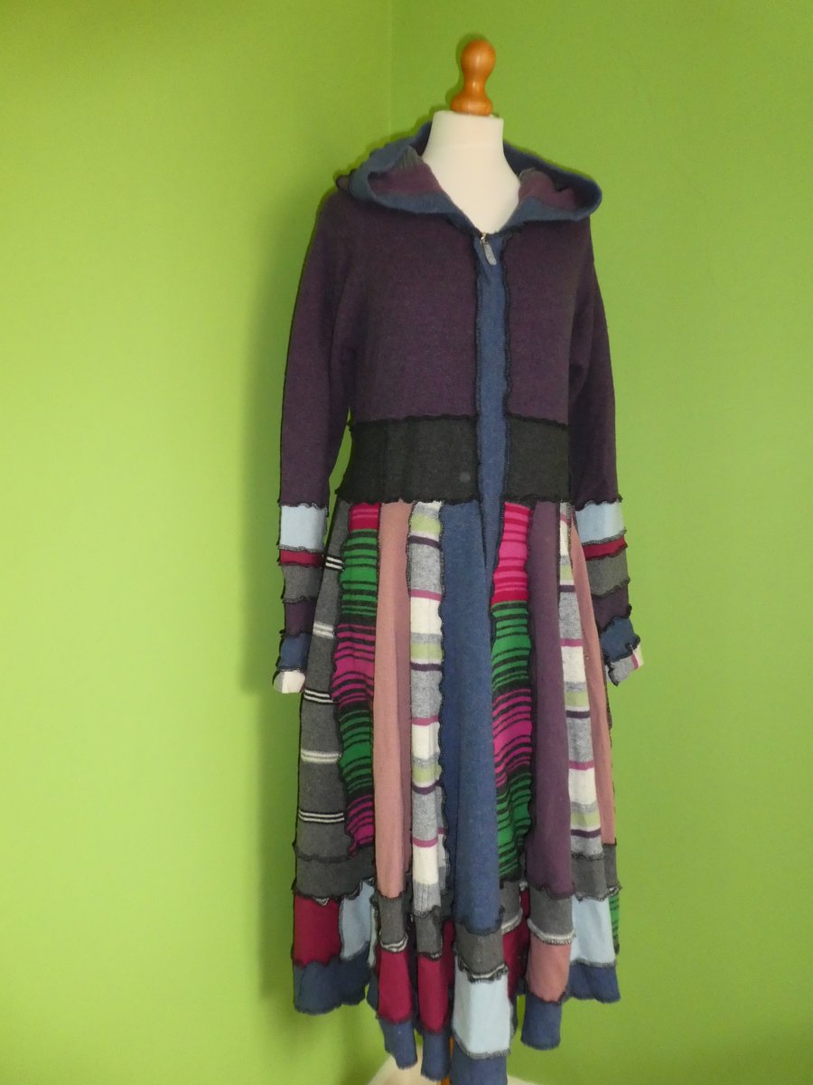 Upcycled Full Length Sweater Coat with Hood and Waist Ties