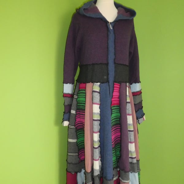 Upcycled Full Length Sweater Coat with Hood and Waist Ties