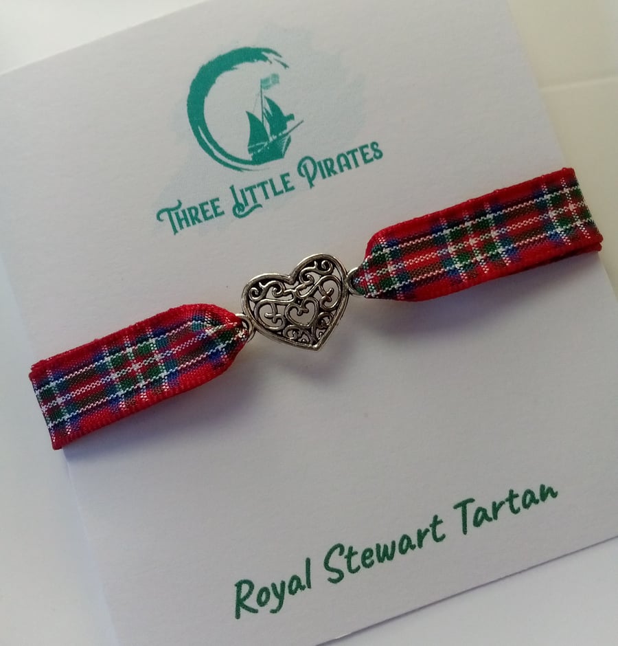 Heart bracelet with plaid tartan ribbon, handmade in Scotland